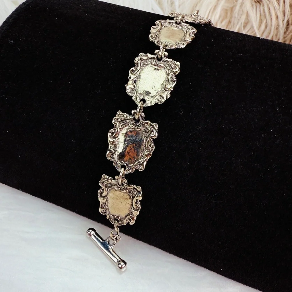 Ornate Silvertone Shield Link Bracelet Toggle Clasp Medieval Gothic Style